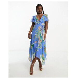 ASOS DESIGN V Front V Back Ruffle Midi Dress With Flutter Sleeve - Blue - 8